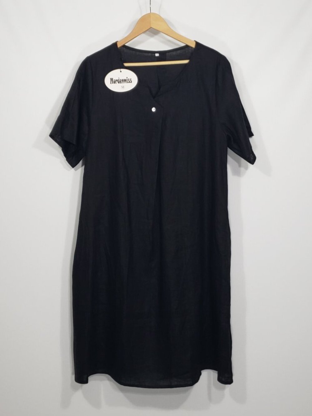 NWT Mordenmiss Black Linen Shift Dress Vneck Size Medium